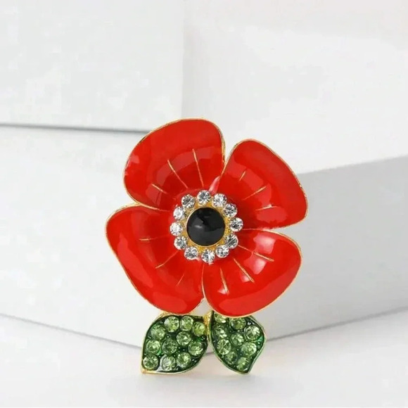 Elegant Red Flower Brooch with Green Leaves - Picture 1 of 6